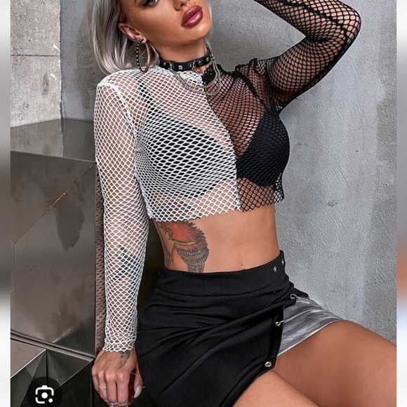 Sheer Two-tone Mesh Crop Top Medium Black White Festival Concert Metal Grunge - Picture 1 of 4